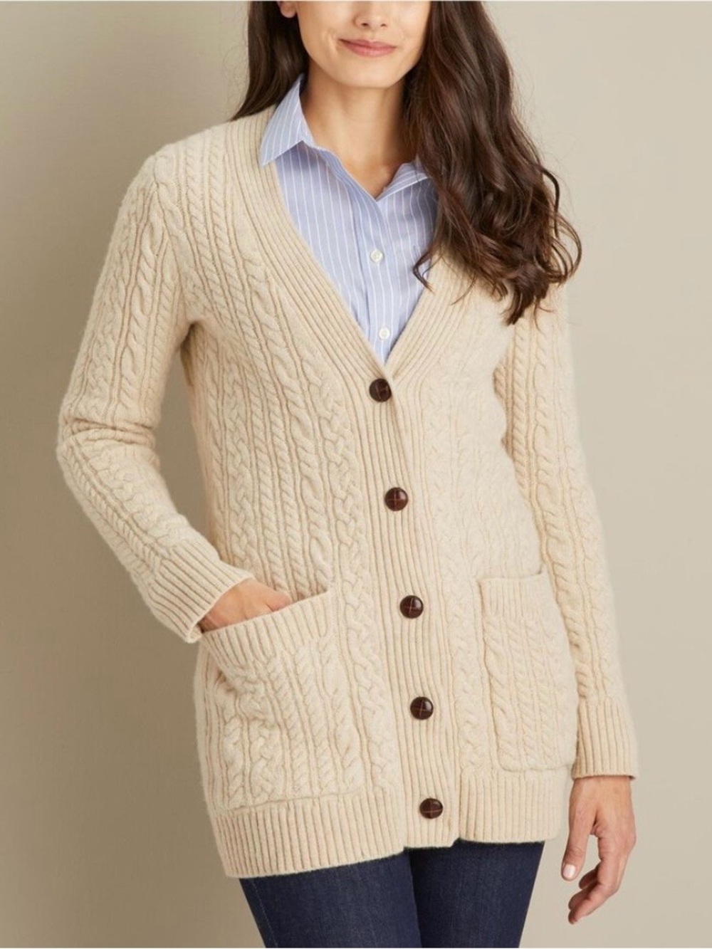 Duluth Trading Co. Long Sleeve Fisherman Cardigan Sweater Chunky Beige L Wool
